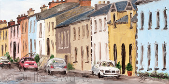 A landscape oil painting of the main street in Moville Ireland by Julia Swartz