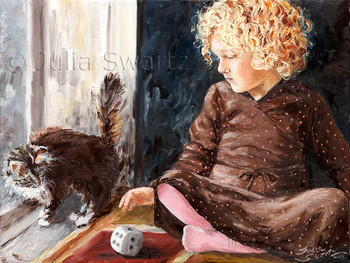 A commission for Moran's grandparents, this oil painting depicts a sweet little girl with her new kitten.