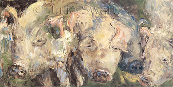 A close up impressionistic oil painting of five pigs by Julia Swartz.