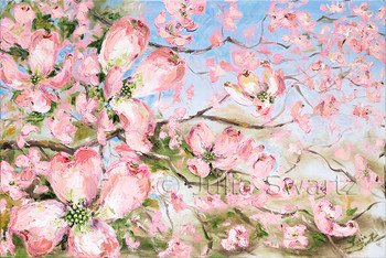 A sprig of pink dogwood blooms close up painted with oil on canvas. Painted by Julia Swartz.