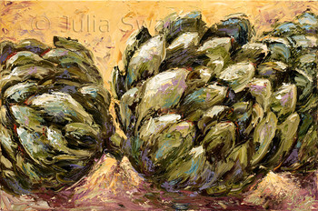 This large painting of artichokes is part of an ongoing series of paintings of fruits and vegetables by Julia Swartz.
