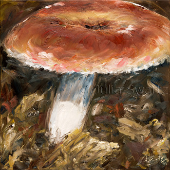 A close up view of a mushroom painted with oil on canvas by Julia Swartz.