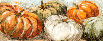 An impressionistic oil painting of a row of five pumpkins painted with palette knife by Julia Swartz.