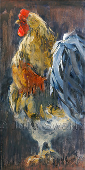 An second impressionism oil painting of a bright colored Rooster by Julia Swartz.