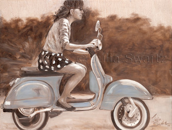 An Original Figure Oil paintings in sepia and white of a young lady riding a scooter. Julia Swartz Gallery, Lancaster PA