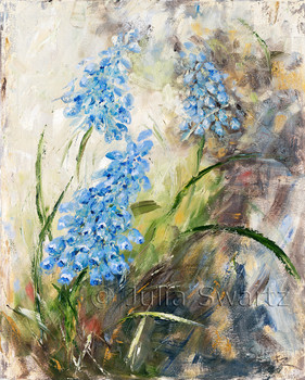 An impressionist oil painting of Blue Bell, aka, Grape Hyacinth by Julia Swartz. Lancaster PA