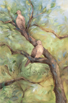 An oil painting of two mourning doves in a tree by Julia Swartz Lancaster PA