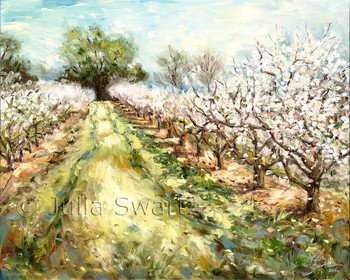 A landscape painting of a Peach orchard in bloom by Julia Swartz