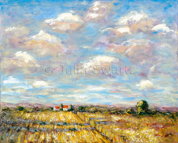A landscape oil painting on canvas of fall corn fields and beautiful sky by Julia Swartz.
