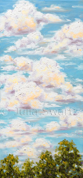 A landscape oil painting of white puffy clouds above the trees by Julia Swartz