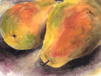 This still-life watercolor painting of Two Pears is one of several small watercolors of fruit by Julia Swartz