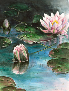 This watercolor painting is appropriate to the watery subject matter, a water Lily by Julia Swartz