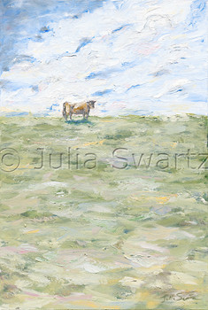 An original impressionistic oil painting of a cow standing in a large pasture by Julia Swartz.