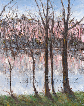 An impressionistic landscape oil painting on canvas of trees by a lake and reflections of the trees in the lake by Julia Swartz