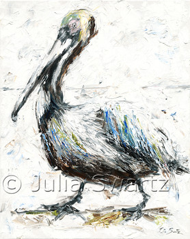 An impressionistic oil painting of a Pelican by Julia Swartz