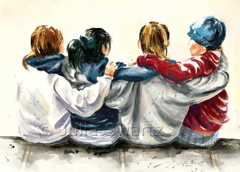 A watercolor painting of four girls sitting on a step with arms around each other who are best friends by artist Julia Swartz