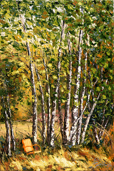 The old orange chair next to a row of birch trees with fall colored leaves oil painting by Julia Swartz.