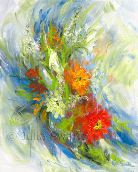 An impressionistic oil painting on canvas of a cluster of Zinnia flowers by Julia Swartz.