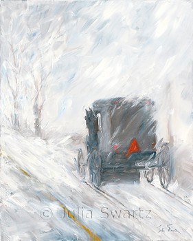 A note card of an Amish Buggy in a snowstorm by Julia Swartz.