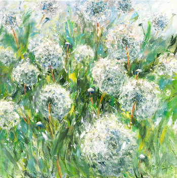 An original impressionist oil painting on canvas of Dandelions by Julia Swartz.