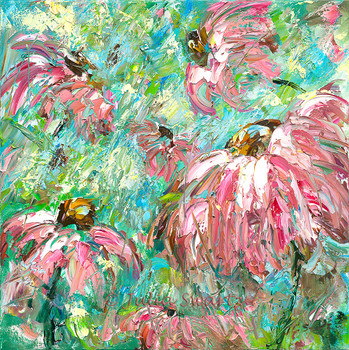 An oil painting on canvas of a several Cone Flowers by Julia Swartz.