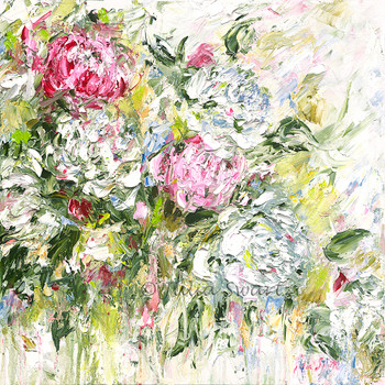 An oil painting on canvas of Peonies by Julia Swartz. These Peonies come from Julia's garden. They originated from Julia's mothers garden. Julia transplanted them when her mother passed away.