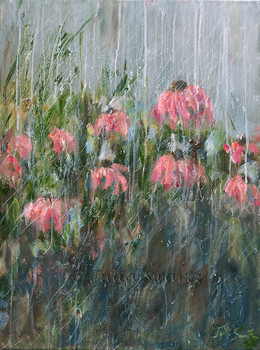 An oil painting on canvas of Coneflowers in the pouring rain by Julia Swartz