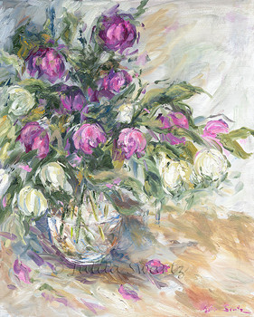 Note card of  Purple Hellebores Bouquet oil painting by Julia Swartz