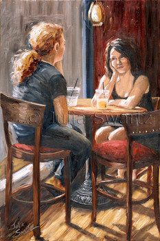 Two young women having lunch at Prince Street Cafe, oil painting on canvas by Julia Swartz
