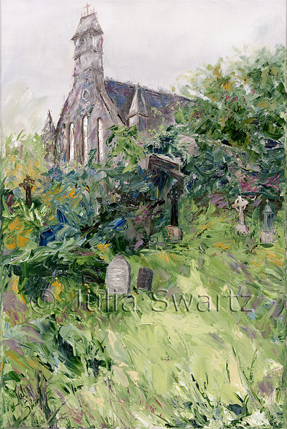 An Original Landscape Oil paintings of a church with Celtic cross and cemetery by Julia Swartz In Ireland.