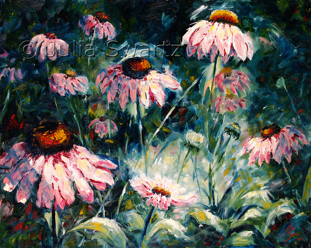An impressionistic oil painting of pink Cone flowers by Julia Swartz.
