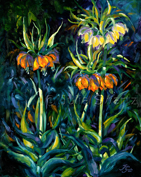 An oil painting of Crown Imperial flowers by Julia Swartz