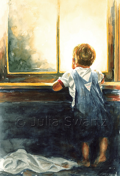 A watercolor painting of a small child in Oshkosh jeans looking out a window by Julia Swartz