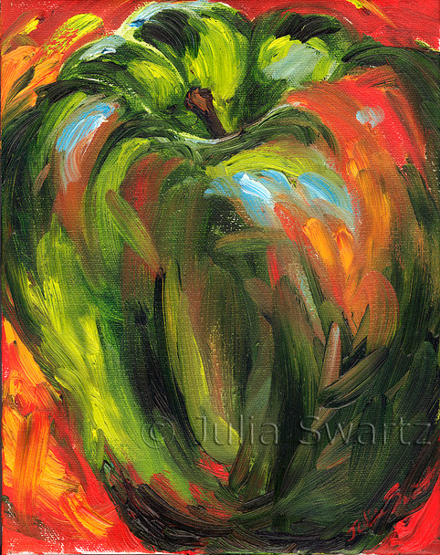 An oil painting of a Green Pepper close up by Julia Swartz.