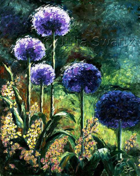 An Oil painting on canvas of Allium flowers by artist Julia Swartz.