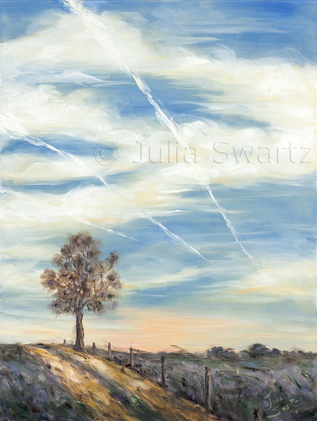 A second  landscape oil painting of a beautiful evening sky in Lancaster PA with jet streaks, aka contrails by Julia Swartz. This one is a vertical orientation.