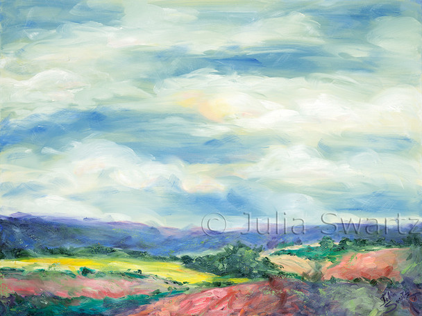 A multi colored landscape oil painting of rolling fields against some distant hills with a big sky by Julia Swartz.