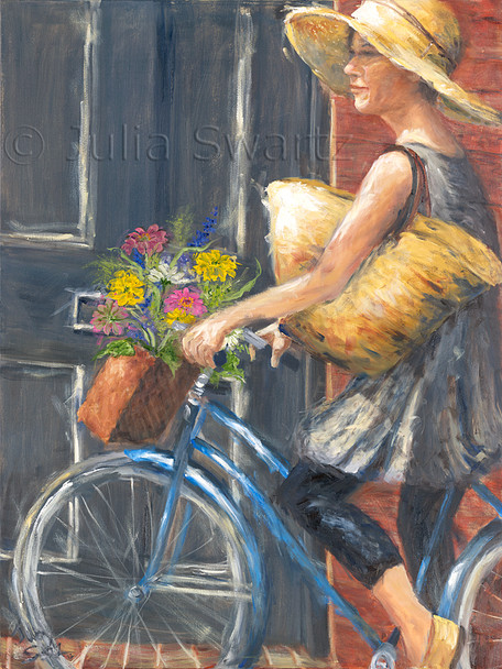 A lady wearing a straw hat on a bicycle returning from Central Market in Lancaster with her shopping bag and bouquet of flowers. A Julia Swartz oil painting.