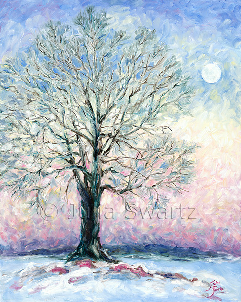 This oil painting captures the extraordinary moon rise in mid winter by Julia Swartz.