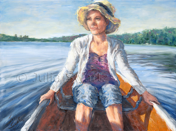 A portrait painting of a young lady wearing a straw hat riding in the front of a canoe by Julia Swartz.