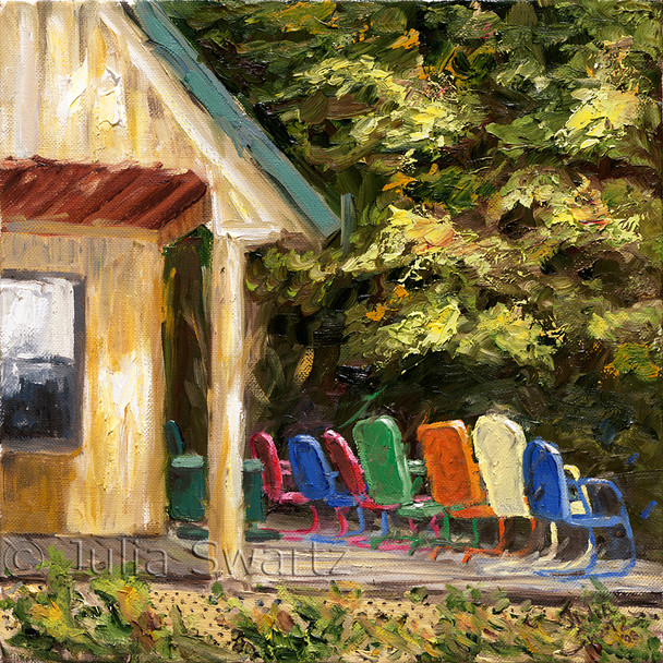 A landscape oil painting of a mountain cabin porch with a row of antique metal chairs by Julia Swartz.