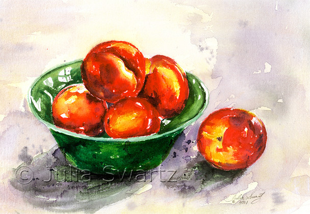 Nectarines in a green bowl painted in watercolor by Julia Swartz.