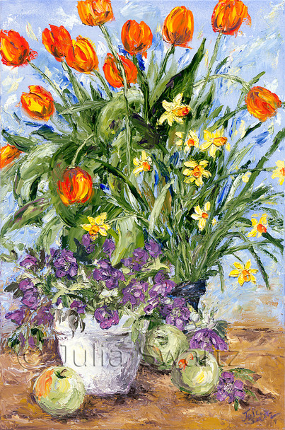 Orange tulips, Yellow daffodils and purple violets in a crock with green apples sitting about painted in oil on canvas. Painted by Julia Swartz
