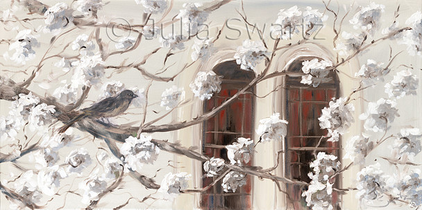 Looking out the window of Julia's gallery through the white blooming trees to the windows of the Fulton Theatre across the street.  An oil painting on canvas by Julia Swartz.