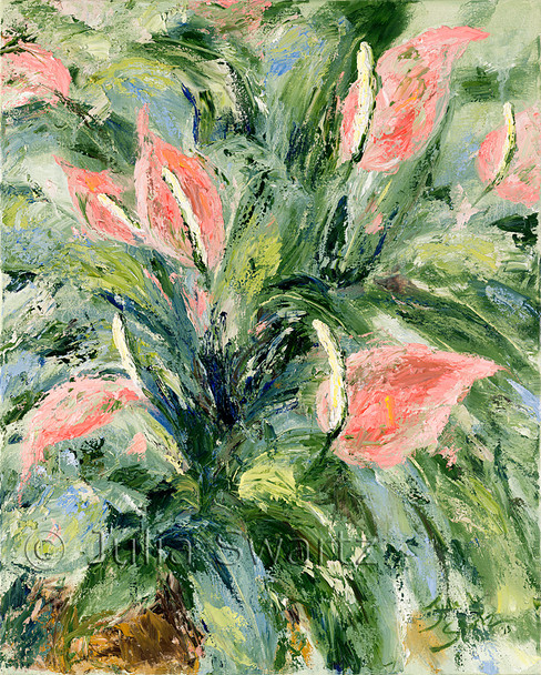 An impressionist oil painting of Peace Lily flowers by Julia Swartz Lancaster PA