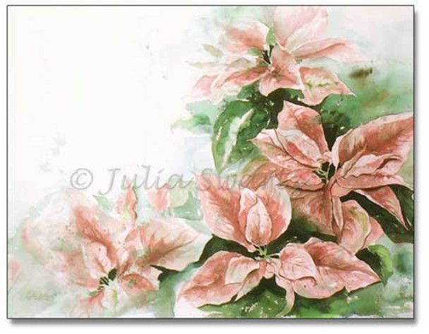 A watercolor painting of pink poinsettia flowers by Julia Swartz.