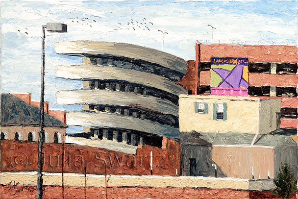 Julia. An oil painting of the Prince St. Parking garage by Julia Swartz.