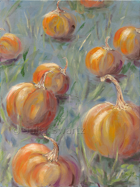 An impressionistic landscape oil painting of Pumpkins in a field by Julia Swartz, Lancaster PA