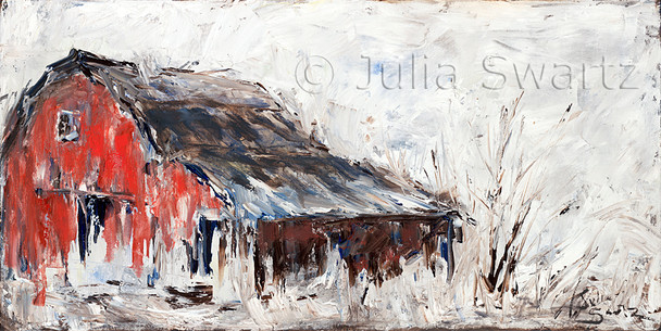 A landscape oil painting of an old Red Barn with snow around by Julia Swartz, Lancaster PA