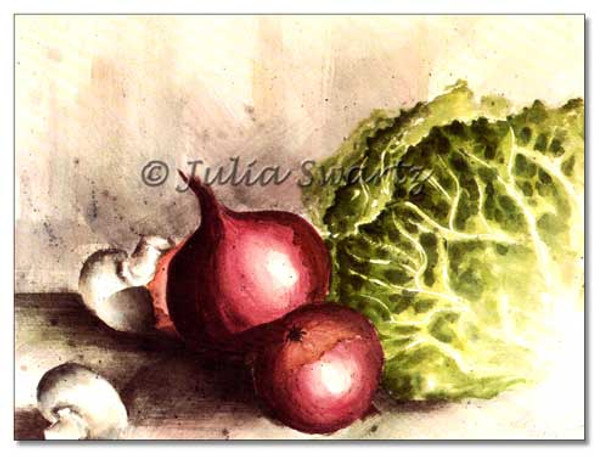 A watercolor painting of Red onions, mushrooms, and cabbage by Julia Swartz